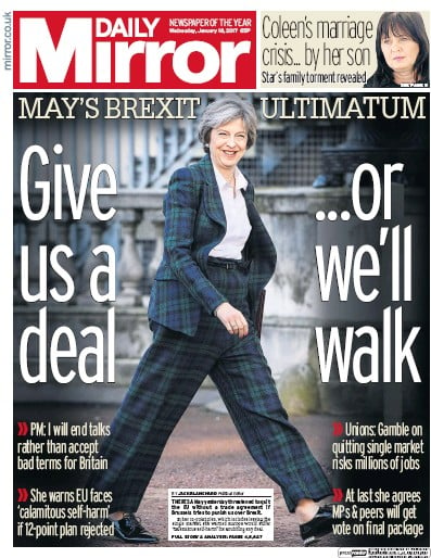 Daily Mirror Newspaper Front Page for 18 January 2017