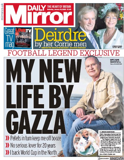 Daily Mirror Newspaper Front Page for 18 January 2020