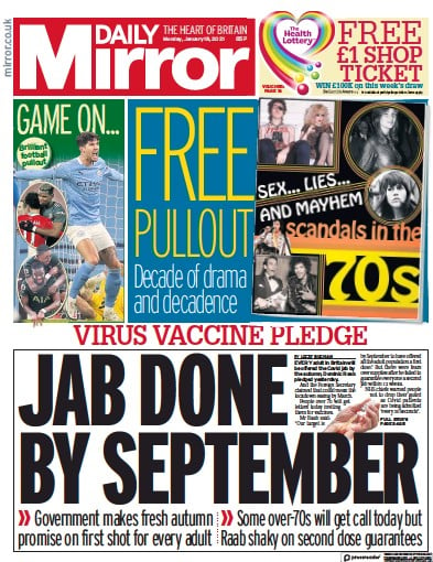 Daily Mirror Newspaper Front Page for 18 January 2021
