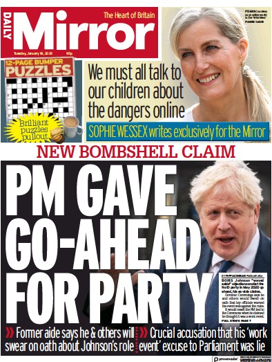 Daily Mirror (UK) Newspaper Front Page for 18 January 2022