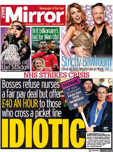 Daily Mirror (UK) Newspaper Front Page for 18 January 2023