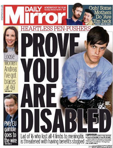 Daily Mirror Newspaper Front Page for 18 February 2016