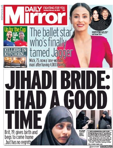 Daily Mirror Newspaper Front Page for 18 February 2019