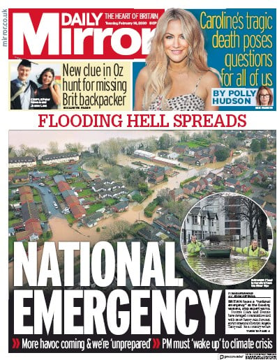 Daily Mirror Newspaper Front Page for 18 February 2020