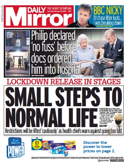 Daily Mirror Newspaper Front Page for 18 February 2021