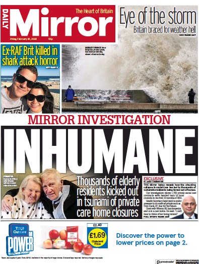 Daily Mirror Newspaper Front Page for 18 February 2022