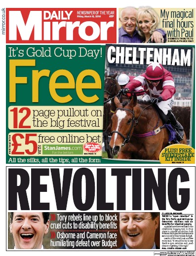 Daily Mirror Newspaper Front Page for 18 March 2016