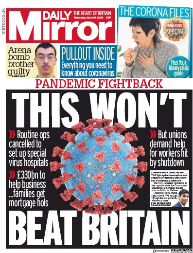 Daily Mirror Newspaper Front Page for 18 March 2020