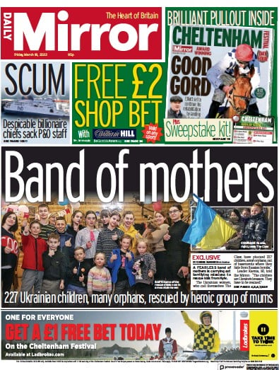 Daily Mirror Newspaper Front Page for 18 March 2022