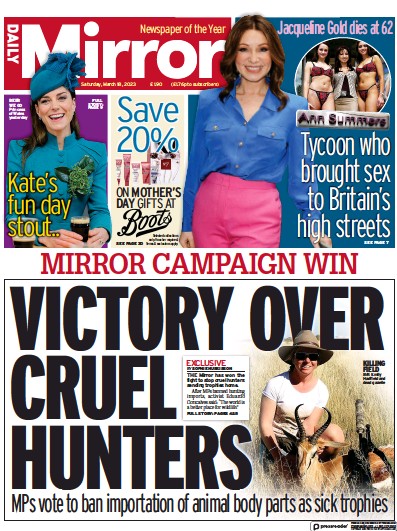 Daily Mirror (UK) Newspaper Front Page for 18 March 2023