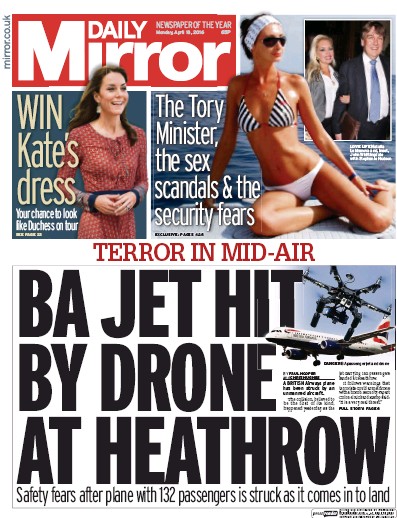 Daily Mirror Newspaper Front Page for 18 April 2016