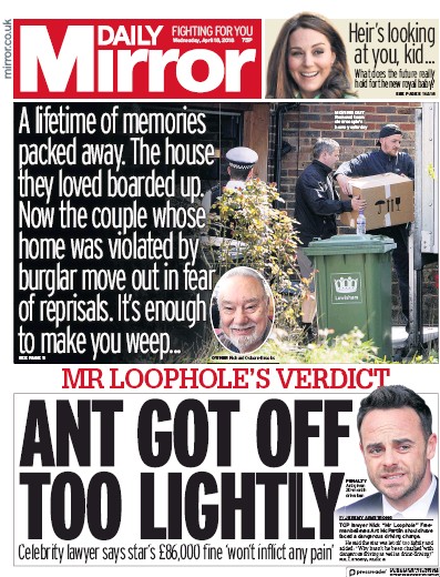 Daily Mirror Newspaper Front Page for 18 April 2018
