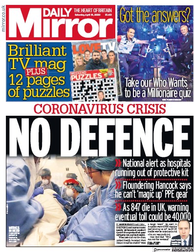 Daily Mirror Newspaper Front Page for 18 April 2020