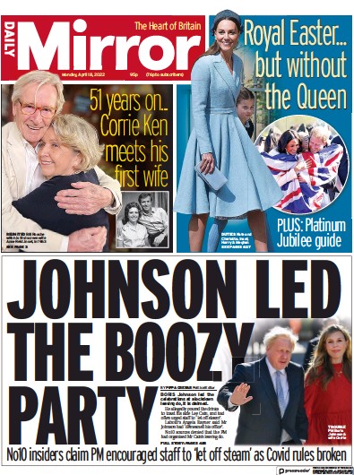 Daily Mirror Newspaper Front Page for 18 April 2022