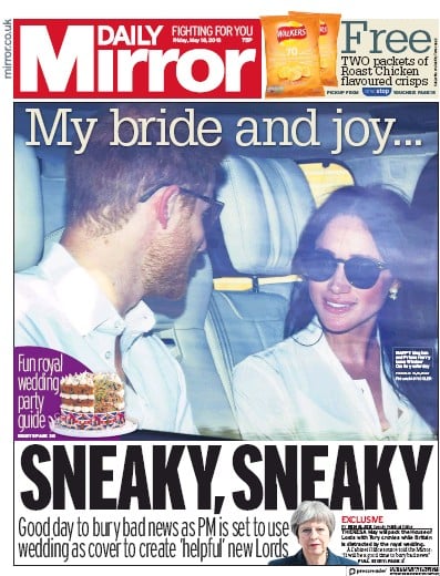 Daily Mirror Newspaper Front Page for 18 May 2018