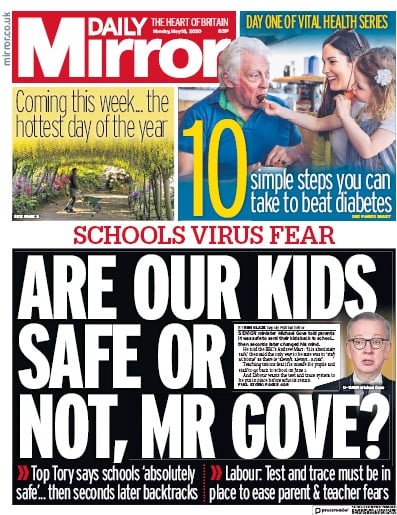 Daily Mirror Newspaper Front Page for 18 May 2020