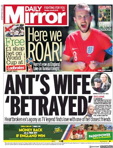 Daily Mirror Newspaper Front Page for 18 June 2018