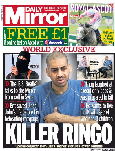 Daily Mirror Newspaper Front Page for 18 June 2019