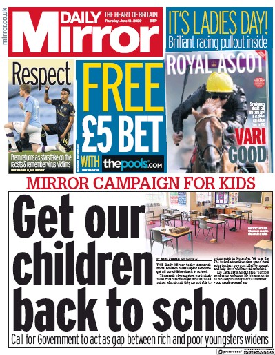 Daily Mirror Newspaper Front Page for 18 June 2020