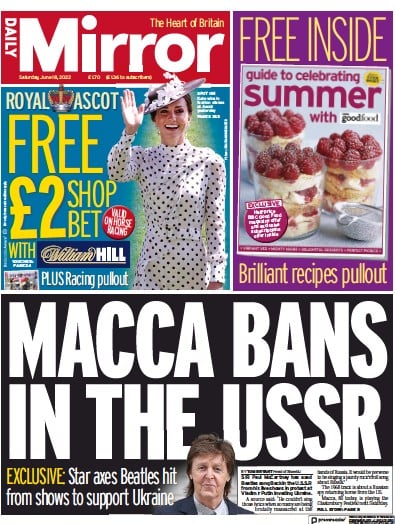 Daily Mirror (UK) Newspaper Front Page for 18 June 2022