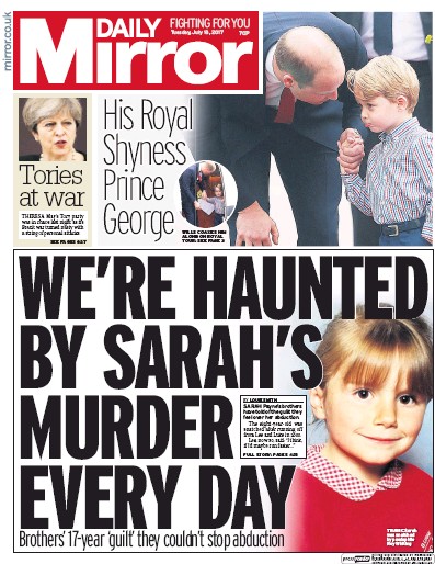 Daily Mirror Newspaper Front Page for 18 July 2017