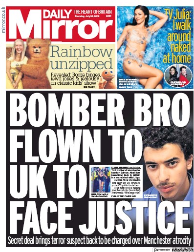 Daily Mirror Newspaper Front Page for 18 July 2019