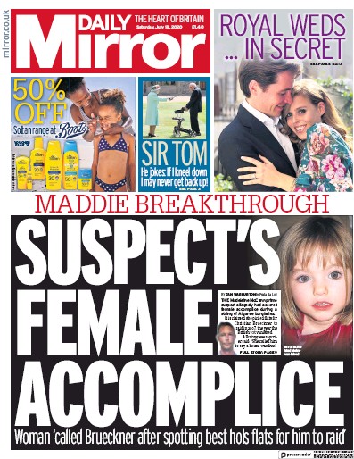 Daily Mirror Newspaper Front Page for 18 July 2020