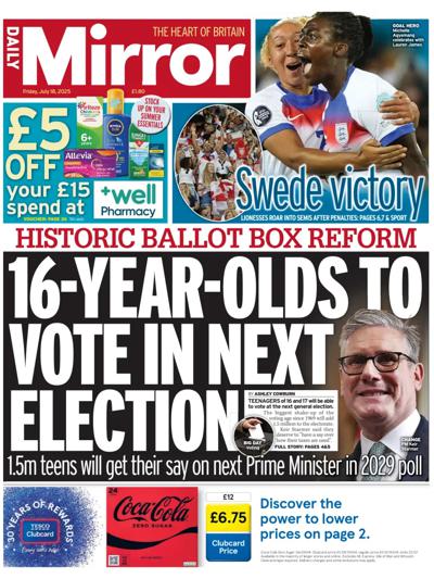 Daily Mirror (UK) Newspaper Front Page for 18 July 2025