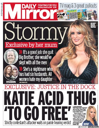 Daily Mirror Newspaper Front Page for 18 August 2018