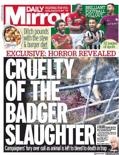 Daily Mirror Newspaper Front Page for 18 September 2017