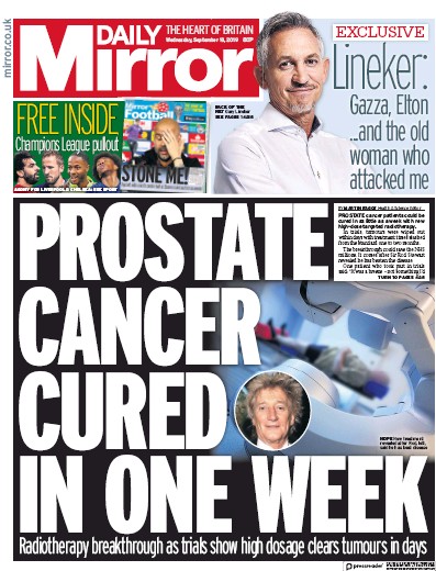 Daily Mirror Newspaper Front Page for 18 September 2019