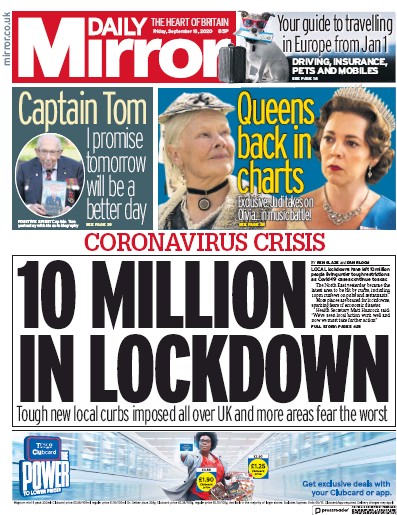 Daily Mirror Newspaper Front Page for 18 September 2020