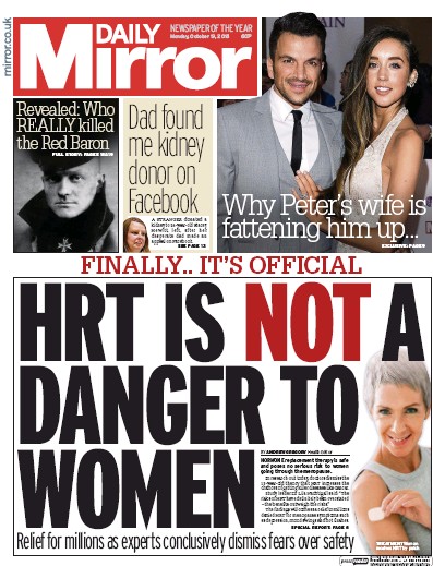 Daily Mirror Newspaper Front Page for 19 October 2015