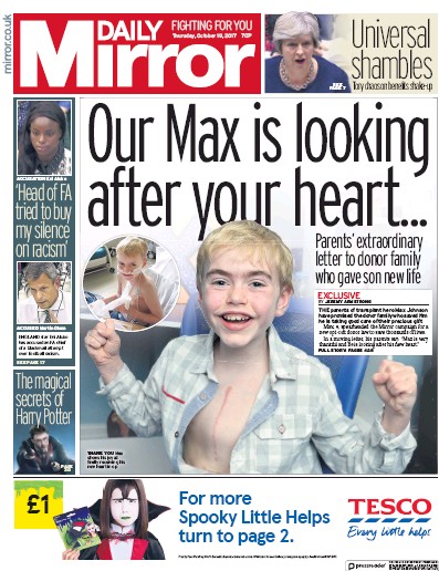 Daily Mirror Newspaper Front Page for 19 October 2017