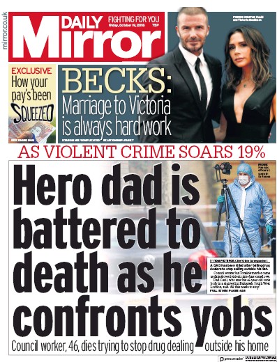 Daily Mirror Newspaper Front Page for 19 October 2018