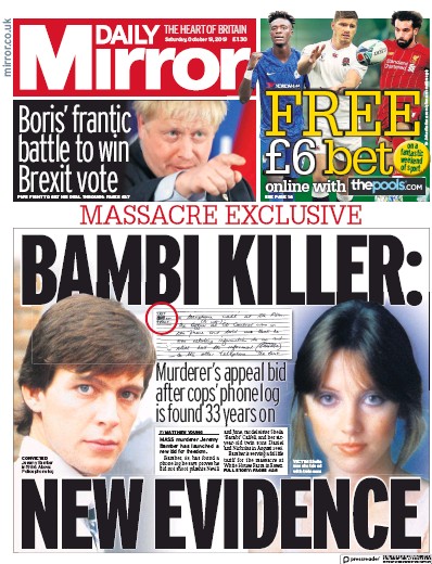 Daily Mirror Newspaper Front Page for 19 October 2019