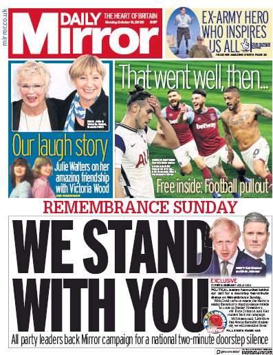 Daily Mirror Newspaper Front Page for 19 October 2020