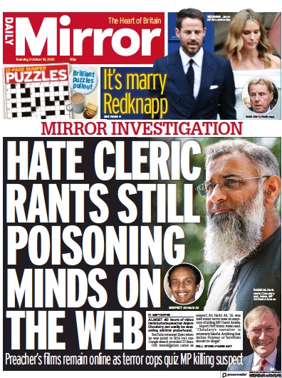 Daily Mirror (UK) Newspaper Front Page for 19 October 2021
