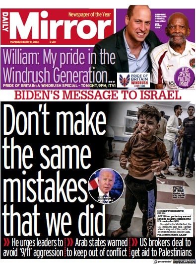 Daily Mirror (UK) Newspaper Front Page for 19 October 2023
