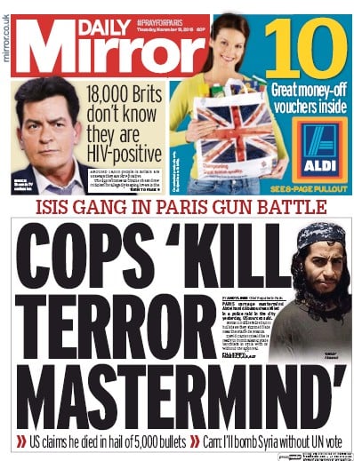 Daily Mirror (UK) Newspaper Front Page for 19 November 2015