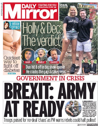 Daily Mirror Newspaper Front Page for 19 November 2018
