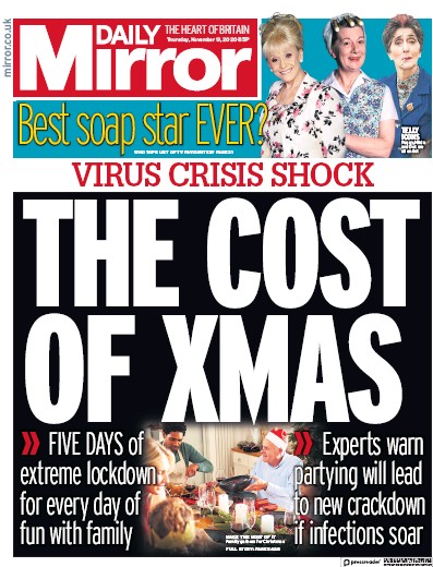 Daily Mirror Newspaper Front Page for 19 November 2020