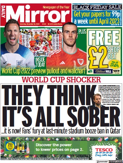 Daily Mirror (UK) Newspaper Front Page for 19 November 2022