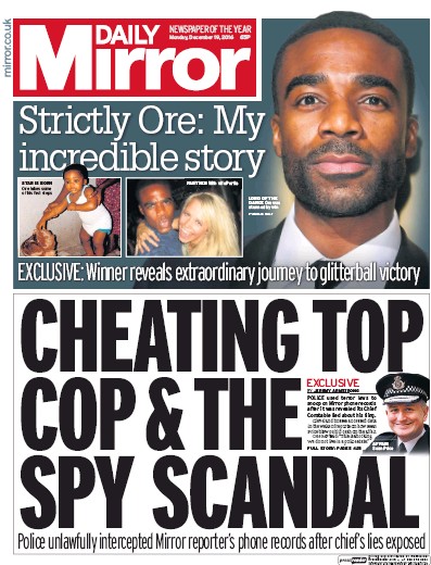 Daily Mirror Newspaper Front Page for 19 December 2016