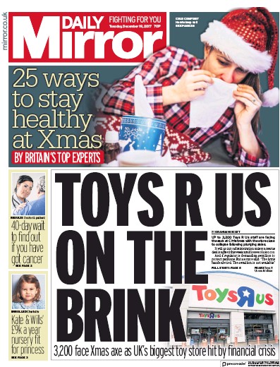 Daily Mirror (UK) Newspaper Front Page for 19 December 2017