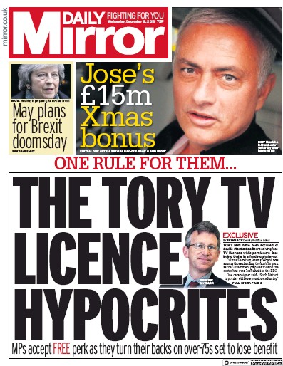Daily Mirror Newspaper Front Page for 19 December 2018