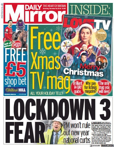 Daily Mirror Newspaper Front Page for 19 December 2020
