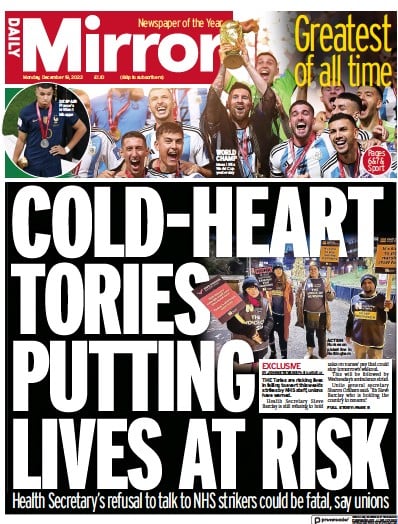 Daily Mirror Newspaper Front Page for 19 December 2022