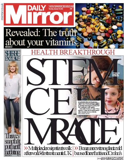 Daily Mirror Newspaper Front Page for 19 January 2016