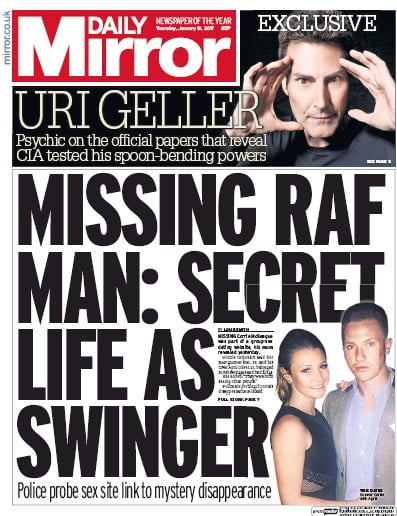 Daily Mirror Newspaper Front Page for 19 January 2017